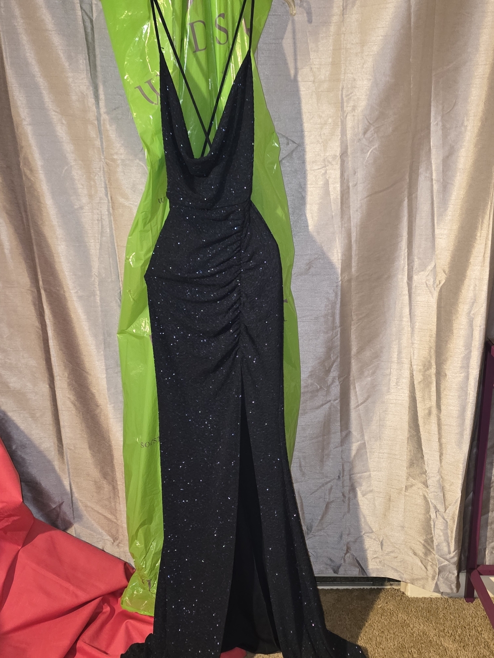 Windsor Black Glitter Cowl Neck Slit Evening Gown
